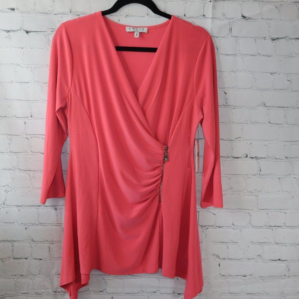 Chaus Coral 3/4 Sleeve Ruched SharkBite Top w/ Zipper Detail Women's Size M-NWT - Picture 1 of 6